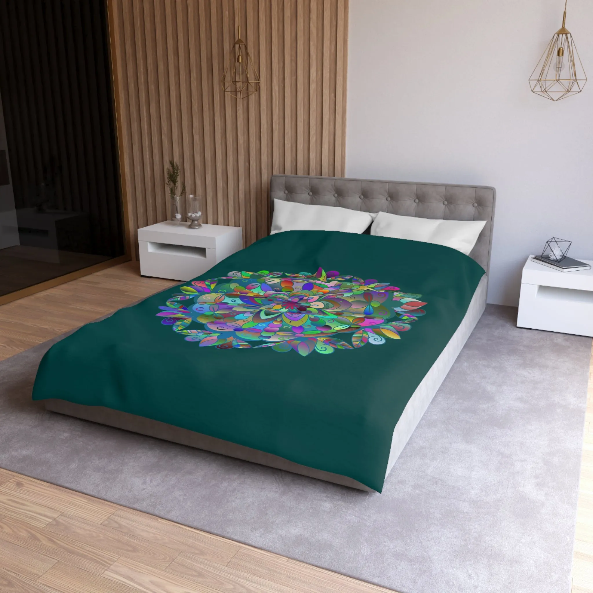 Handmade Mandala Design Microfiber Duvet Cover - Colorful Mandala on Dark Petroleum Green