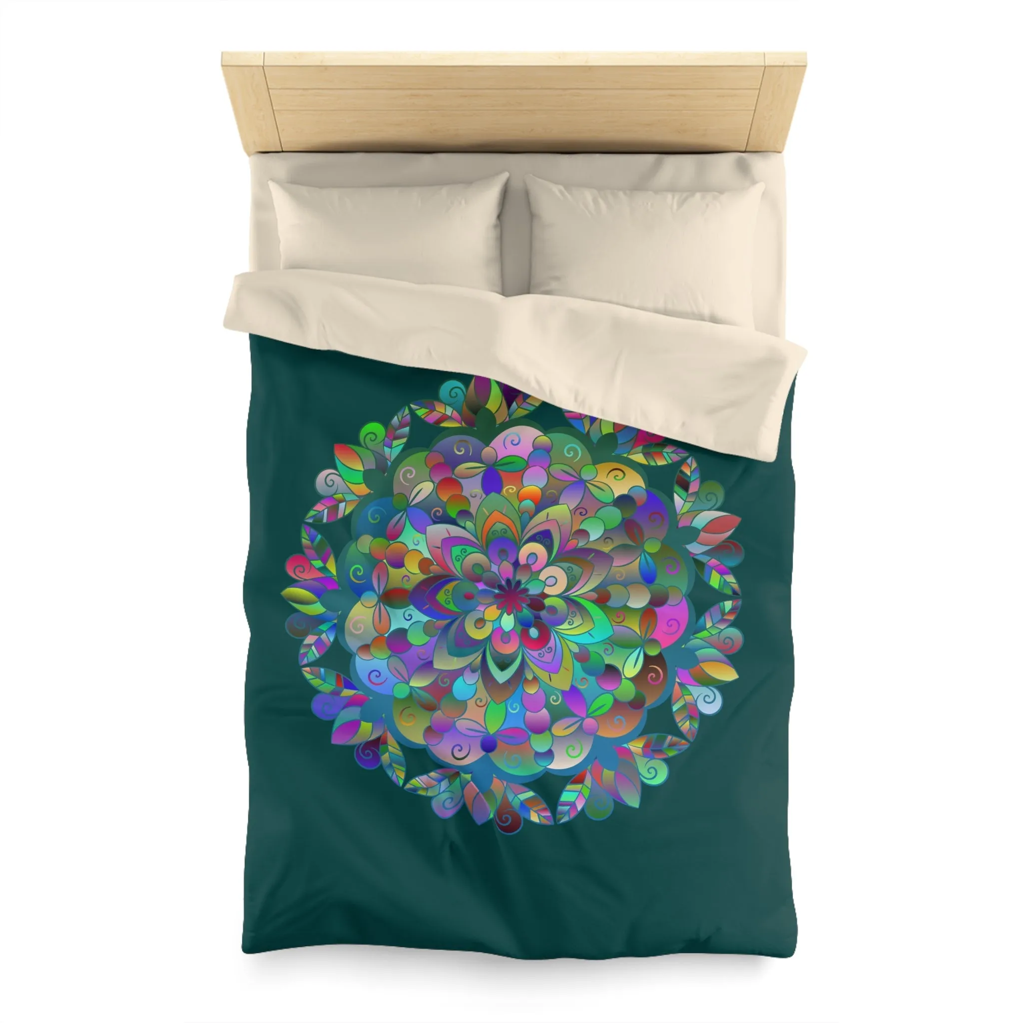 Handmade Mandala Design Microfiber Duvet Cover - Colorful Mandala on Dark Petroleum Green