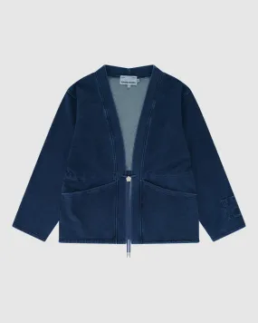 INDIGO DENIM LOGO BOLO TIE CARDIGAN