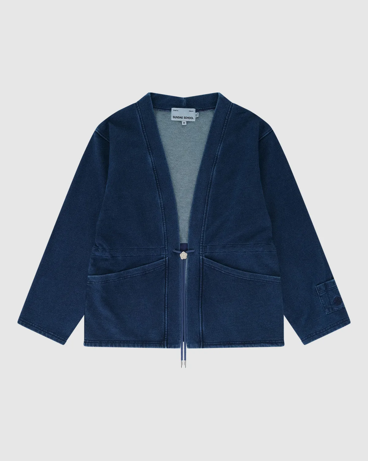 INDIGO DENIM LOGO BOLO TIE CARDIGAN