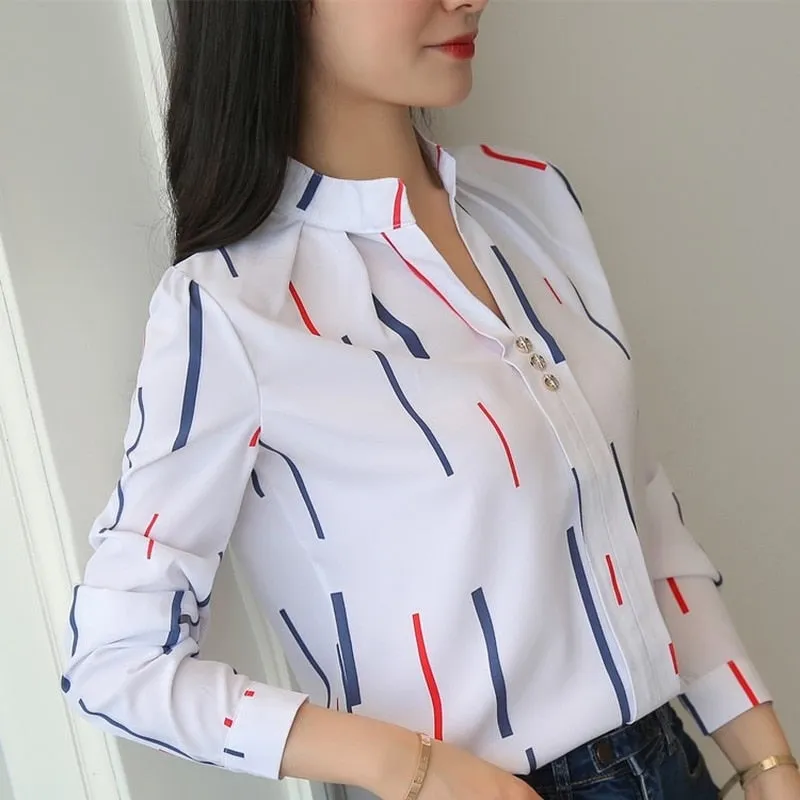 JFUNCY  Women White Tops and Blouses Fashion Stripe Print Casual Long Sleeve Office Lady Work Shirts Female Slim Blusas