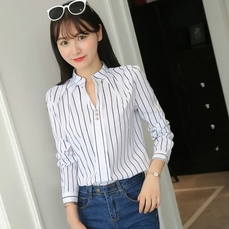 JFUNCY  Women White Tops and Blouses Fashion Stripe Print Casual Long Sleeve Office Lady Work Shirts Female Slim Blusas