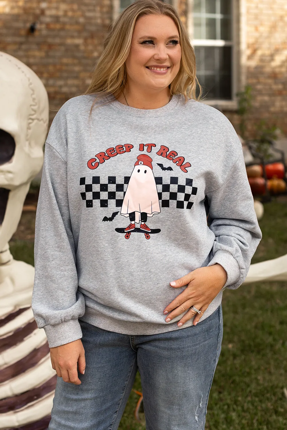 Light Grey Creep It Real Ghost Print Plus Size Sweatshirt