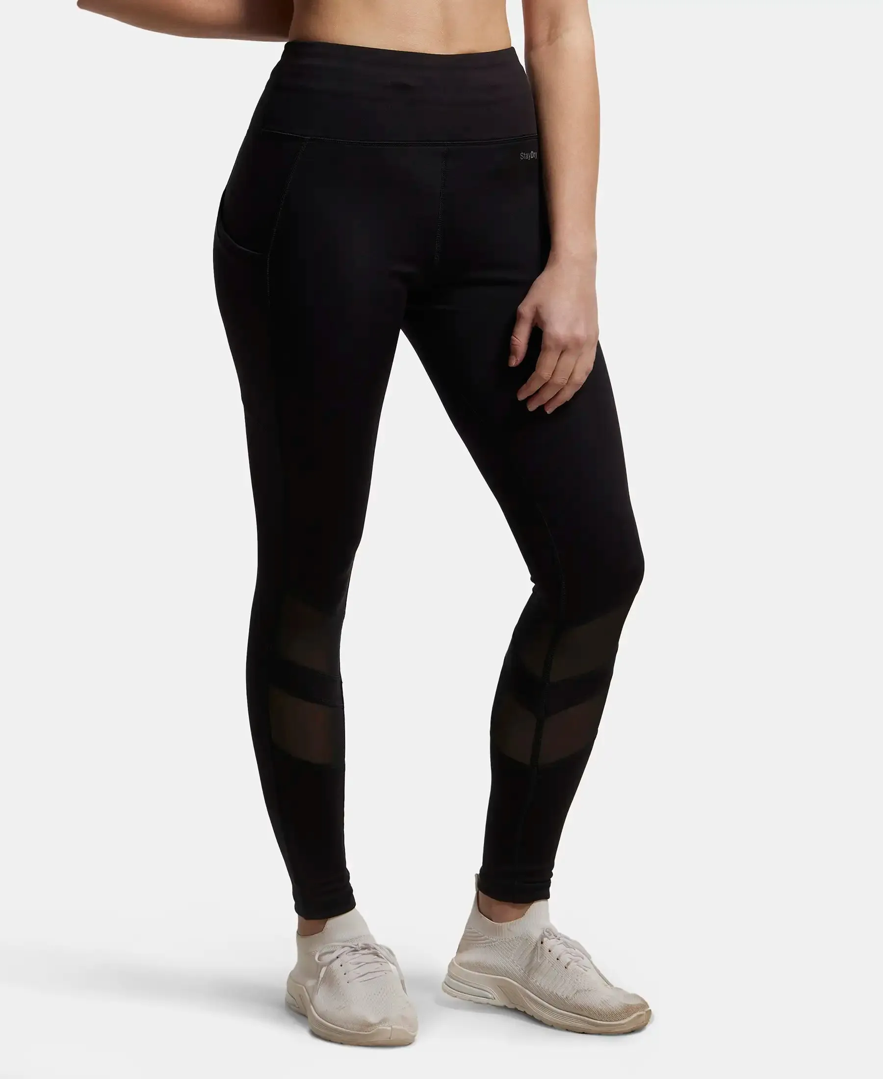 Microfiber Elastane Stretch Performance Leggings with Breathable Mesh - Black