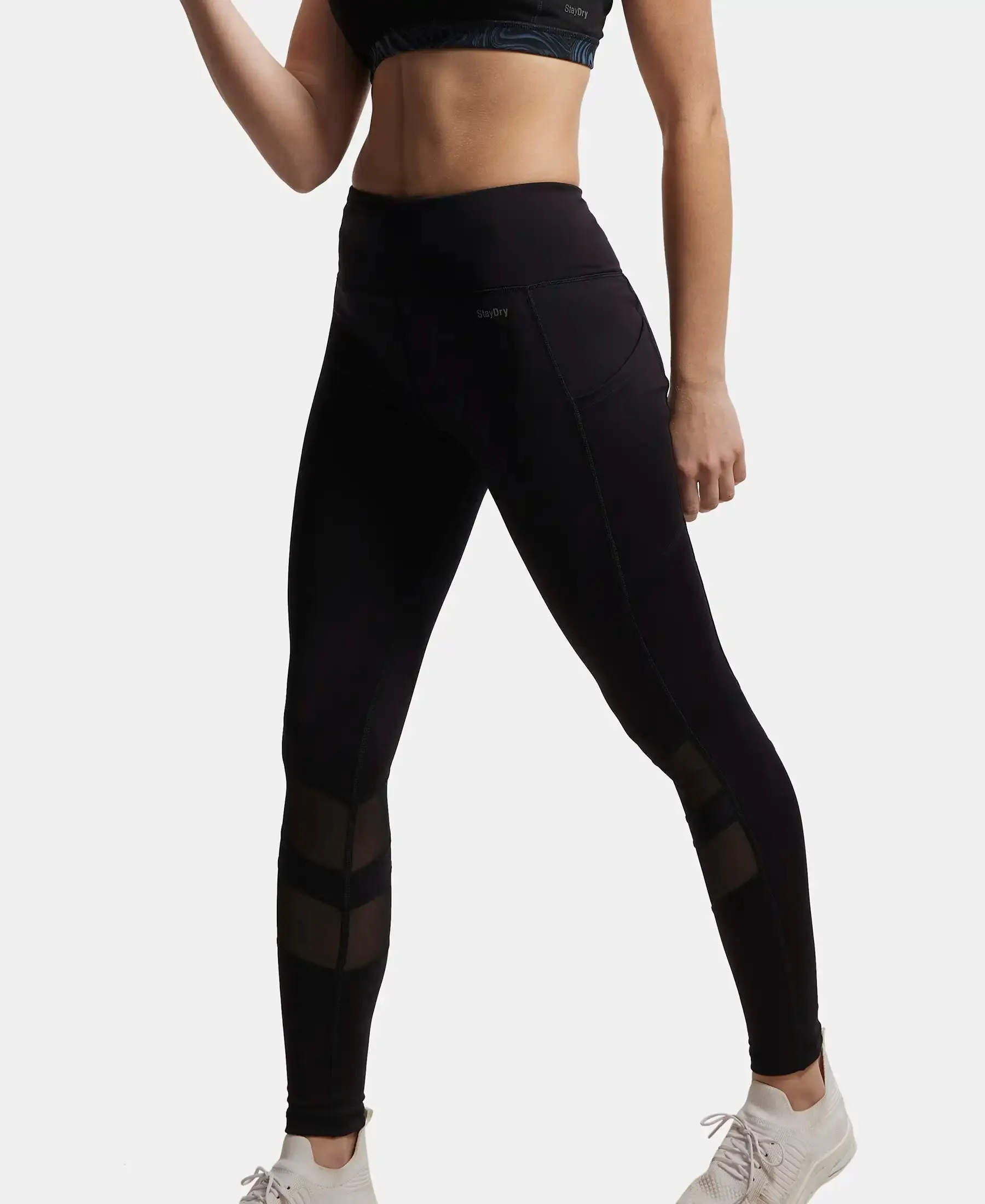 Microfiber Elastane Stretch Performance Leggings with Breathable Mesh - Black