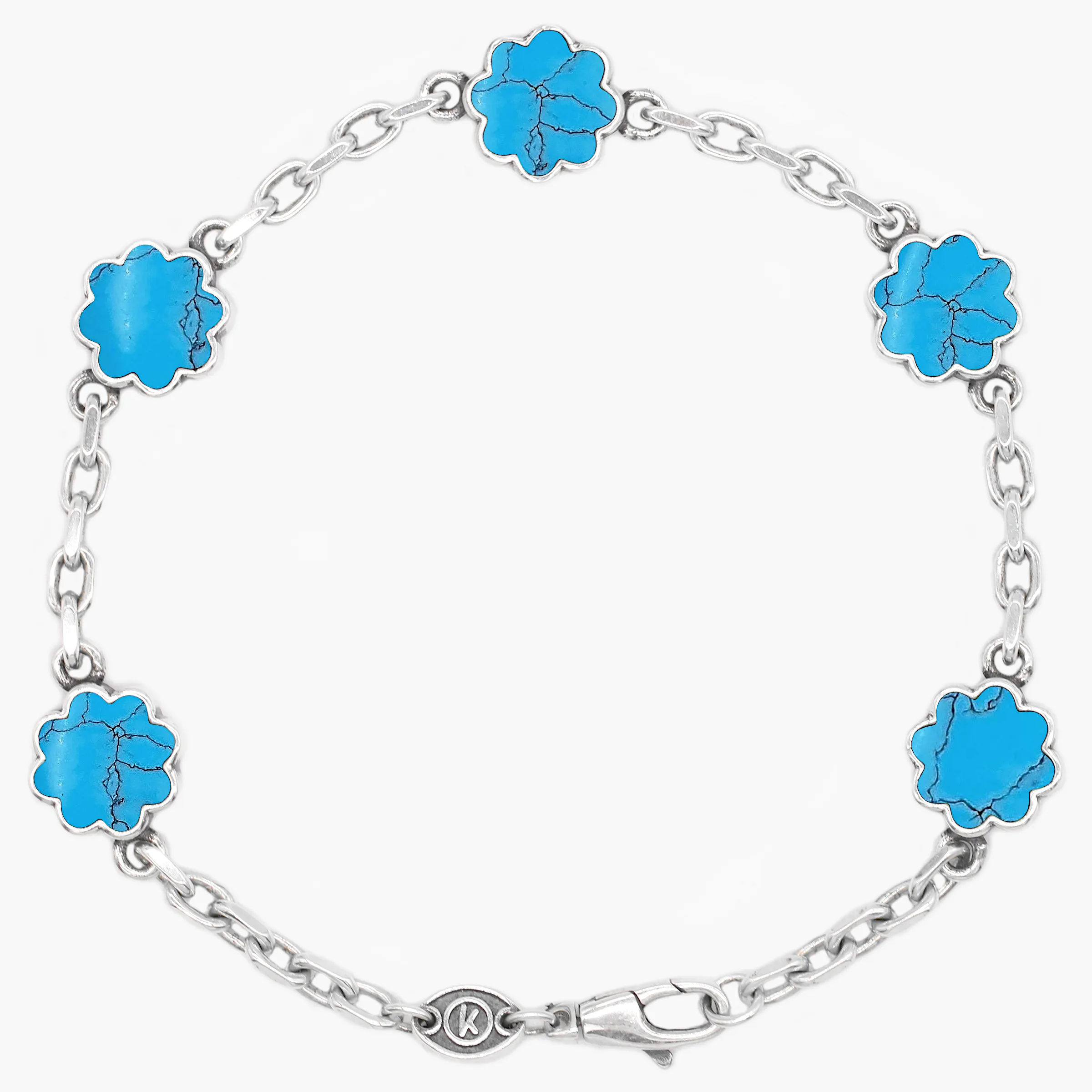 Multi Daisies Sterling Silver Chain Bracelet With Arizona Turquoise