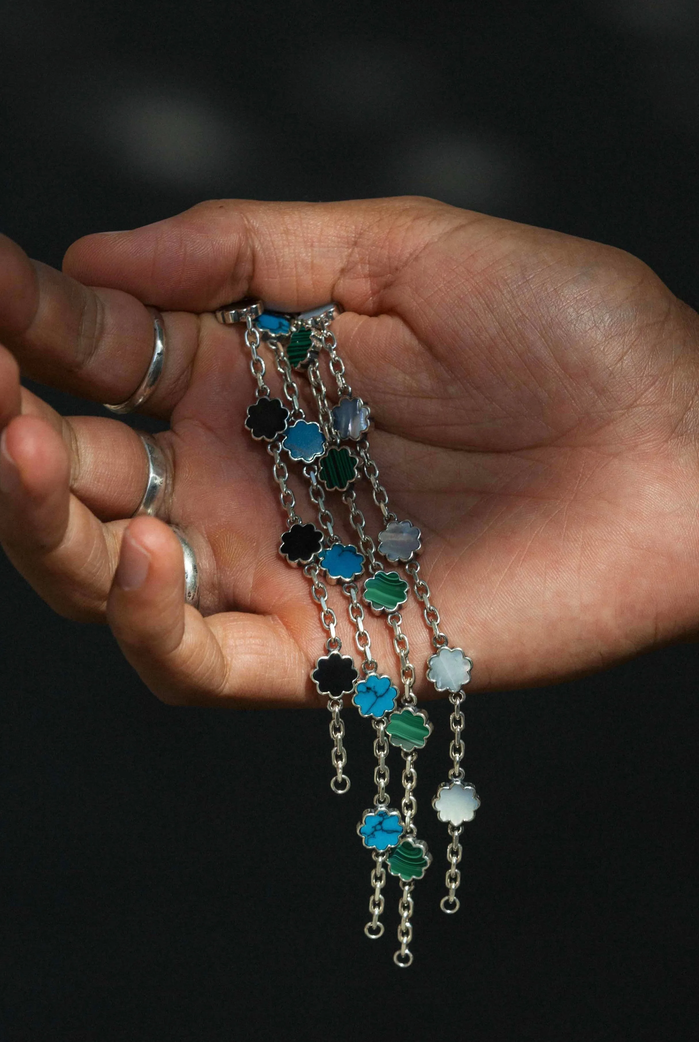 Multi Daisies Sterling Silver Chain Bracelet With Arizona Turquoise