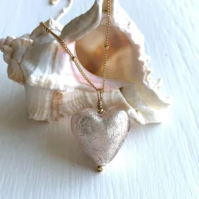 Necklace with champagne (pink) Murano glass medium heart pendant on gold chain