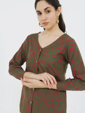 Olive V Neck Printed Shirt