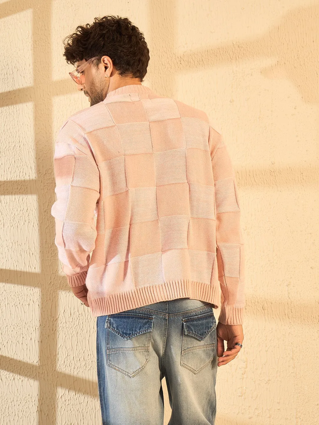 Peach Checkered Oversized Sweater