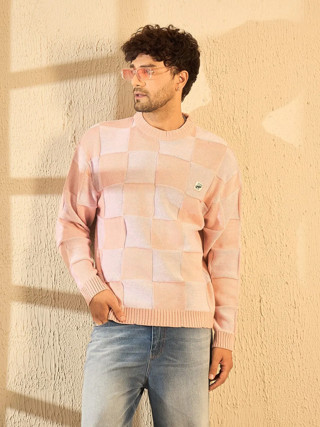 Peach Checkered Oversized Sweater