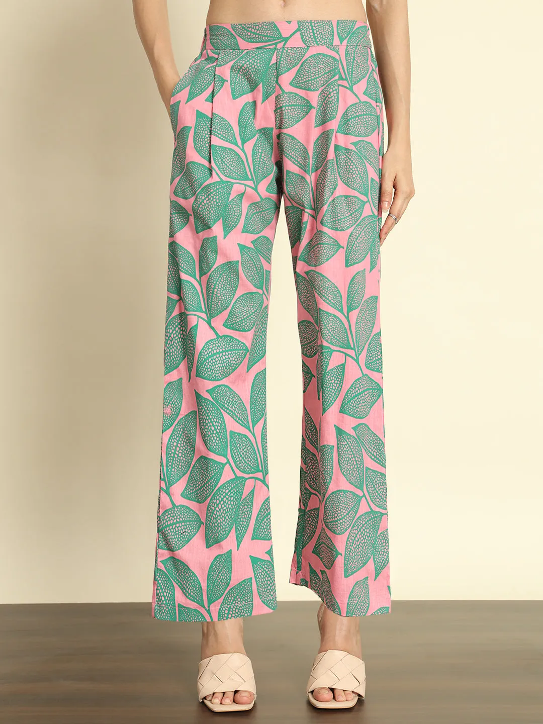 Pink Leafy Printed Linen Pants