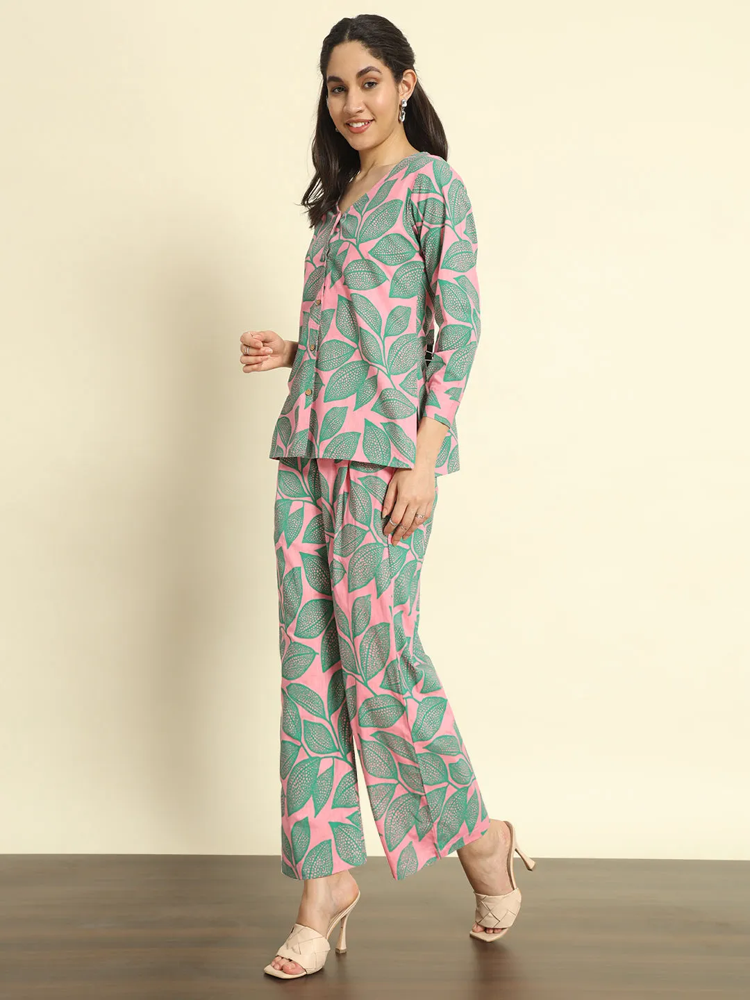 Pink Leafy Printed Linen Pants