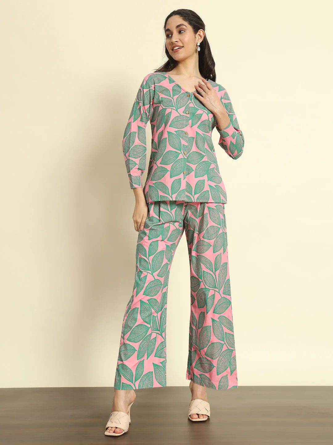 Pink Leafy Printed Linen Pants