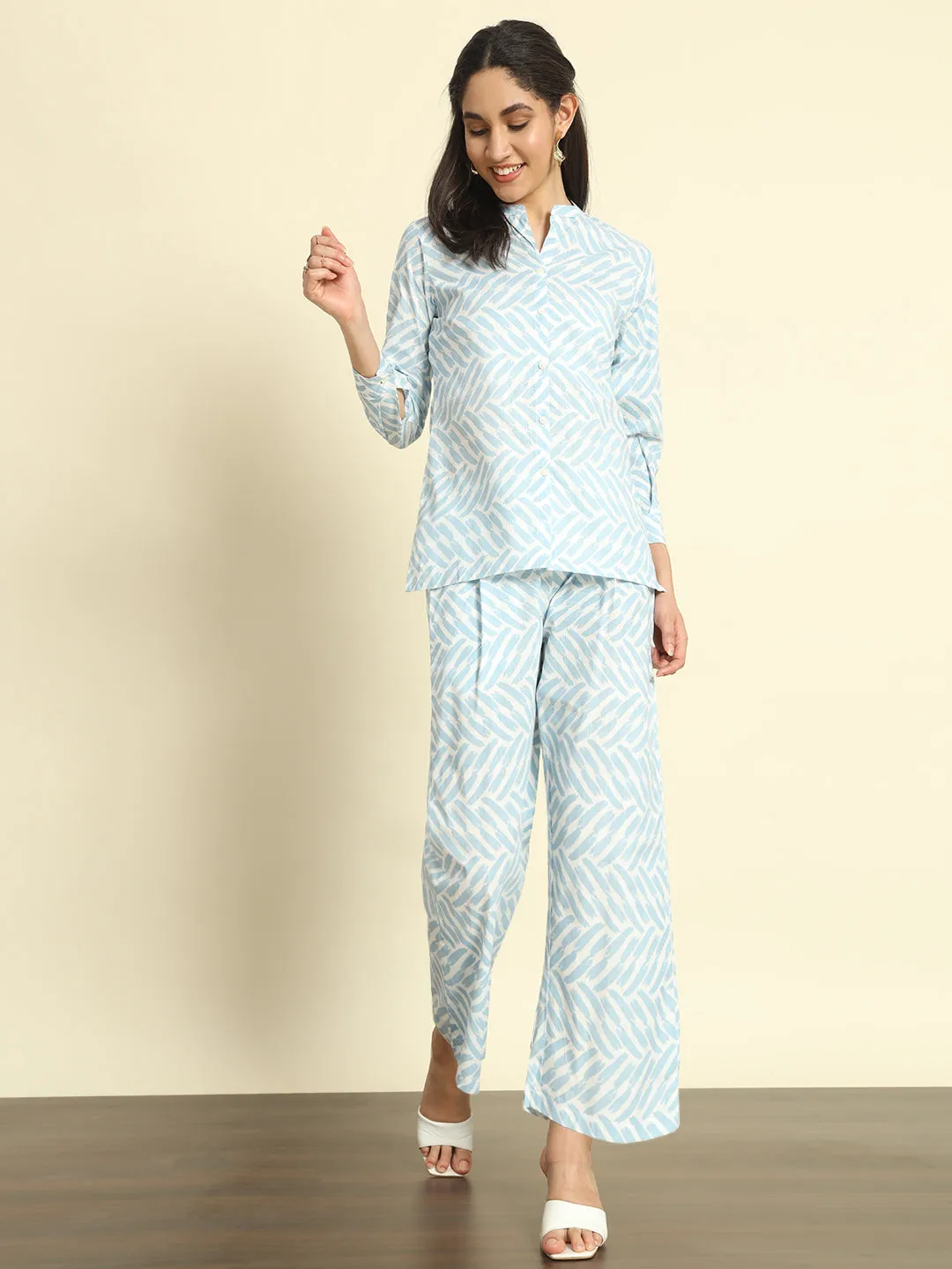 Printed Blue Linen Pants