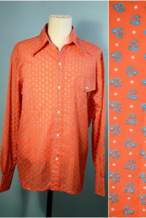 SOLD Vintage 70s SKYR Orange/Blue Floral Mod Disco Shirt XL