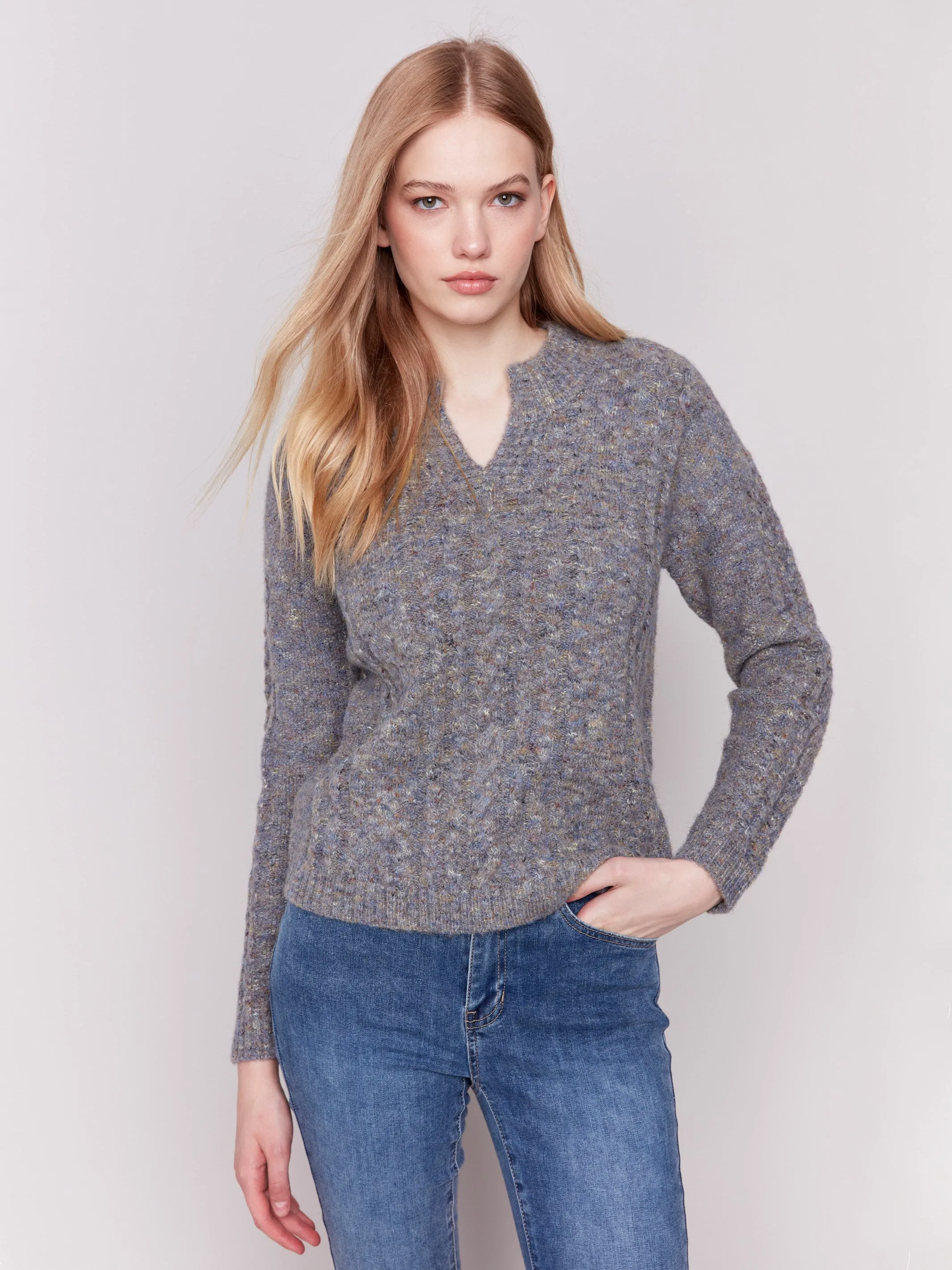 Speckled Yarn Cable Knit Sweater - Charcoal