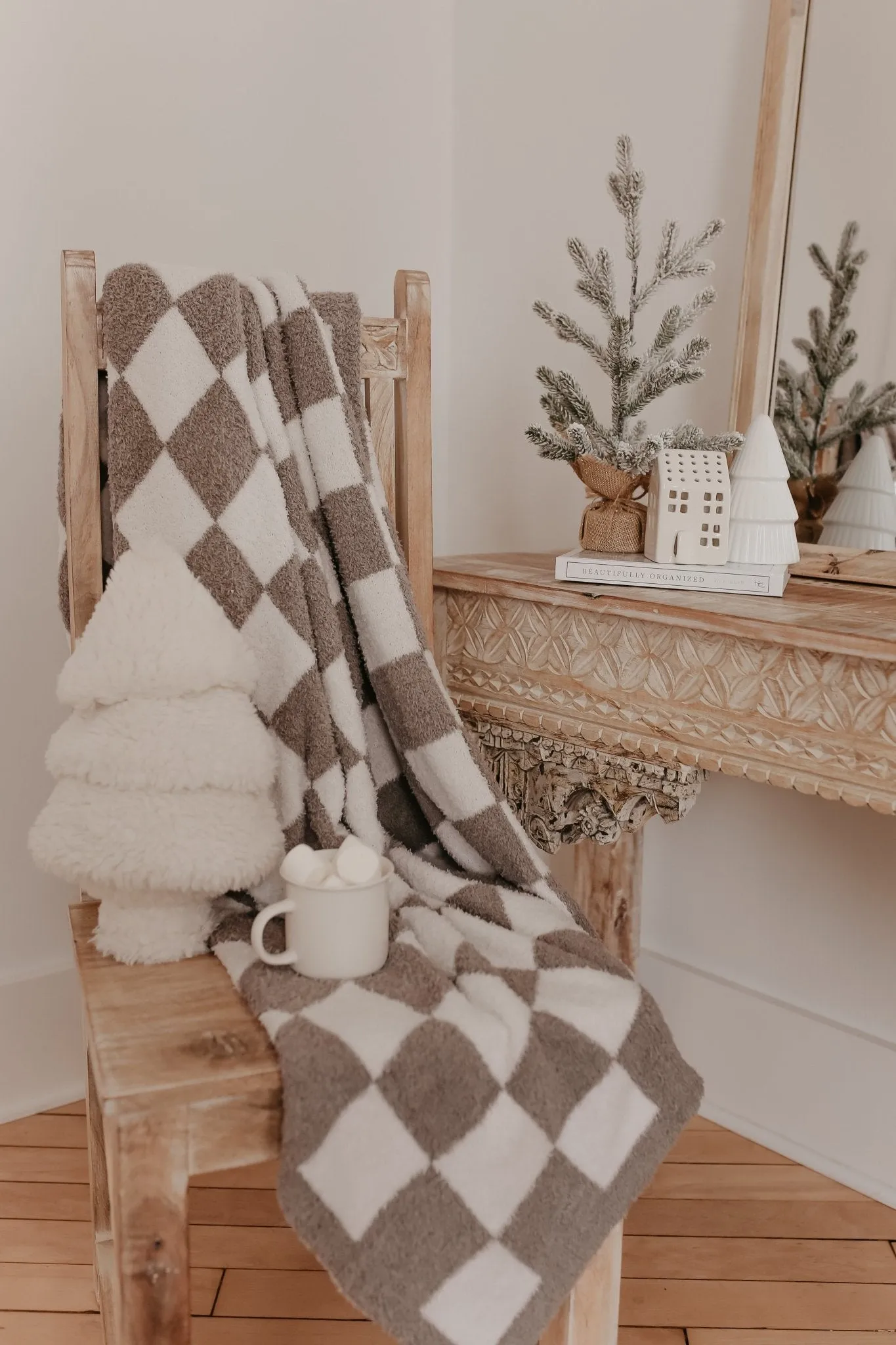 Taupe Checkered Reversible Throw Blanket