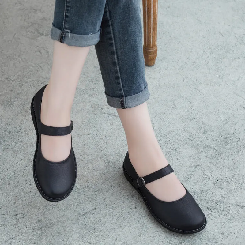 Women Casual Retro Leather Handmade Buckle Flats