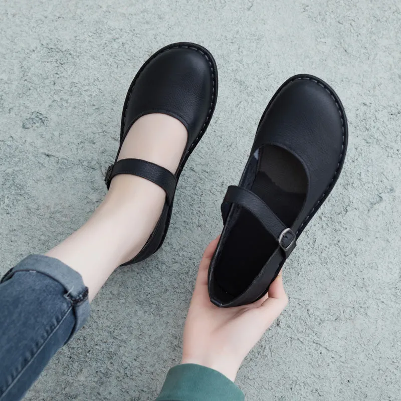 Women Casual Retro Leather Handmade Buckle Flats