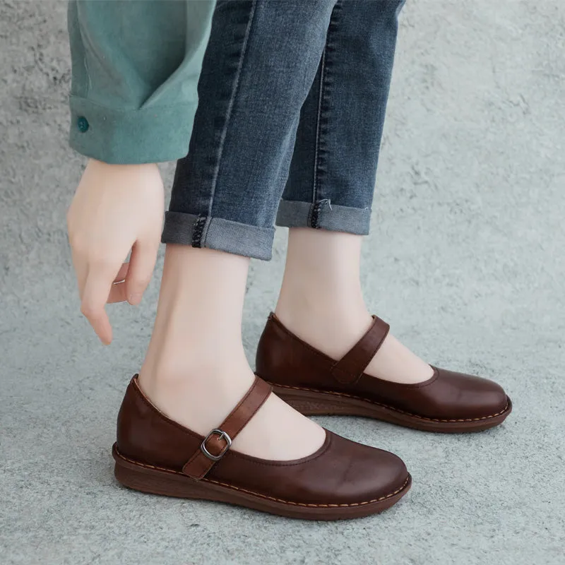 Women Casual Retro Leather Handmade Buckle Flats